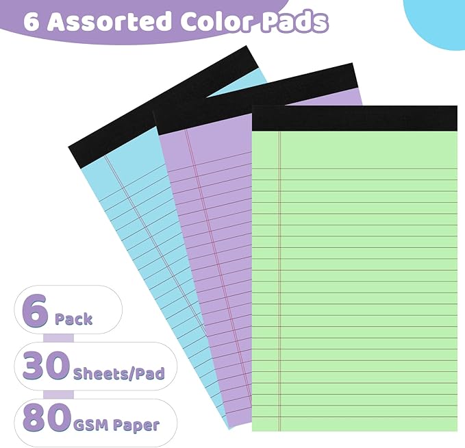 Thboxes 6 Packs Legal Pads 5x8, Totally 180 Sheets Colored Legal Pads 5x8 College Ruled Writing Pads Small Note Pads 30 Sheets/Pad Tablets Lined Notepad for School, Office, To-Do Lists