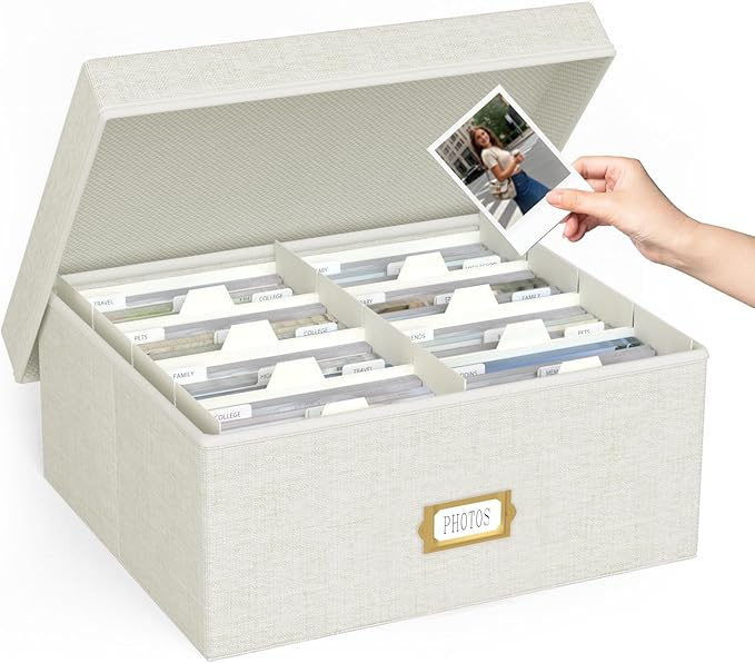 Decorative Photo Storage Box - Linen Photo Box Organizer with Dividers, Fits Holds Up to 1700 Pictures and 4x6 Photos, Memory Keepsake Organizer for Photos, Scrapbook Supplies, Cards, Stamps (Beige)