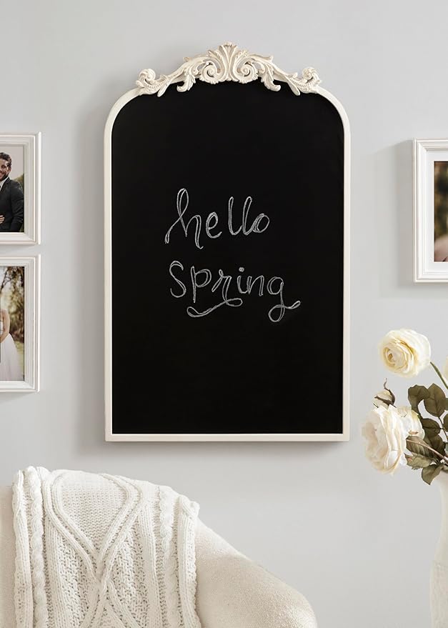 Kate and Laurel Arendahl Decorative Vintage Arch Chalkboard; 19 x 31; White; Framed Arched Ornate Magnetic Chalkboard for Bedroom Organization or Entryway Decor