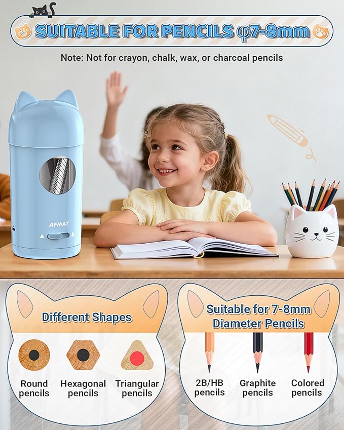 AFMAT Electric Pencil Sharpener, Pencil Sharpener for Kids, Auto in & Out, Colored Pencil Sharpeners for φ7-8mm Pencils, Rechargeable & Cordless, Fully Automatic Hands-Free for Classroom Home PSX9