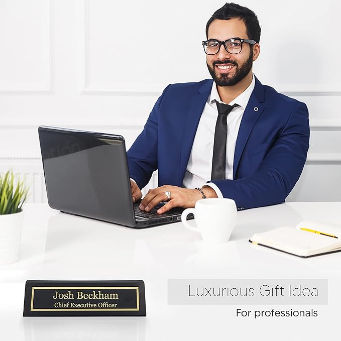 Engraving International Business Wood Name Plate for Desk | Customizable 2" x 8", Black Piano Finish Name Plaque | Classic Rosewood Design | Perfect for Office Decor & Professional Gifts