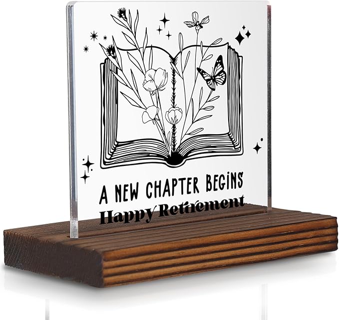 New Chapter Begins Retirement Acrylic Desk Sign, Inspirational Gift for Women Men, Happy Retirement Book Design Plaque, Farewell Keepsake for Coworker Teacher Friend Parent PA127