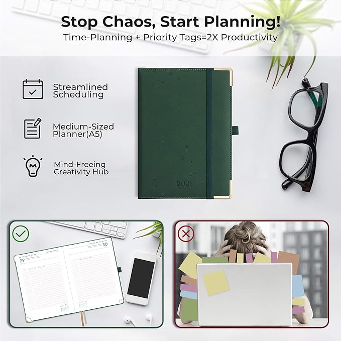 IN-luxpro Daily Planner 2026 with One Page Per Day,(A5-8.5" x 5.9"),12 Months Calendar Hourly Appointment Book Monthly Tabs & Self-adhesive Pen Holder,Inner Pocket, Vegan Leather Hardback,Green