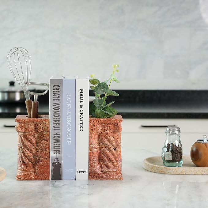 Decorative Roman Column Book Ends & Vase - Heavy Duty Marble Book Ends for Heavy Books, Vintage Home Office Decor, Dual Use as Flower Vase, Natural Stone Bookends for Shelves (2PC, Red)