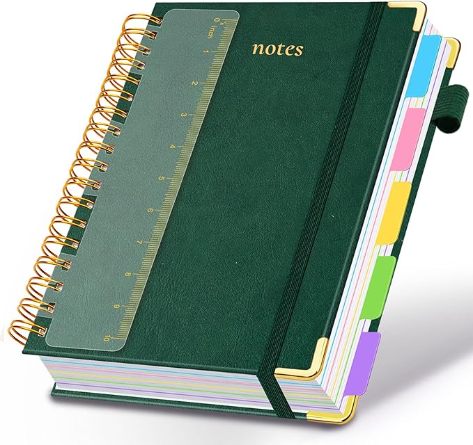 Hardcover Spiral Notebook 8.5"x11" Journal Notebook with Tabs and Removable Dividers 300 Pages 5 Subject Notebook College Ruled, Faux Leather Spiral Bound Notebook for Women School Work(Green)