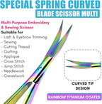 Cross Edge Curved Spring Scissors 5 Inch Stainless Steel Precision Eyebrow & Eyelash Shaping & Trimming Scissor, Snips Squeeze, Embroidery, Knitting Micro Tip Craft Scissors (Rainbow)