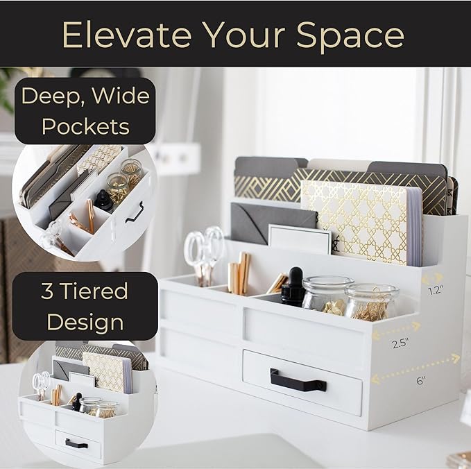 BLU MONACO | White Desktop Organizer with Drawer Storage | Tabletop Organizer with Drawers for Paper Bills Mail | Wooden Mail Organizer for Countertop Workspace | with Drawer, Bill