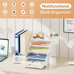 Marbrasse Desk Organizer with File Holder, 5-Tier Paper Letter Tray Organizer with Drawer and 2 Pen Holder,Mesh Desk Organizers and Accessories,Desktop Organizer and Storage for Office Supplies(White)