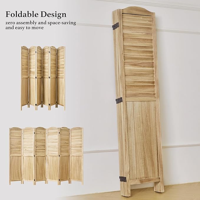 Room Partitions and Dividers, 68.9 Inch Temporary Wall with Double Hinges, Wooden Louver & MDF Stable Screens for Home Office Bedroom Coffeehouse Decoration (6 Panels, Wood Color)