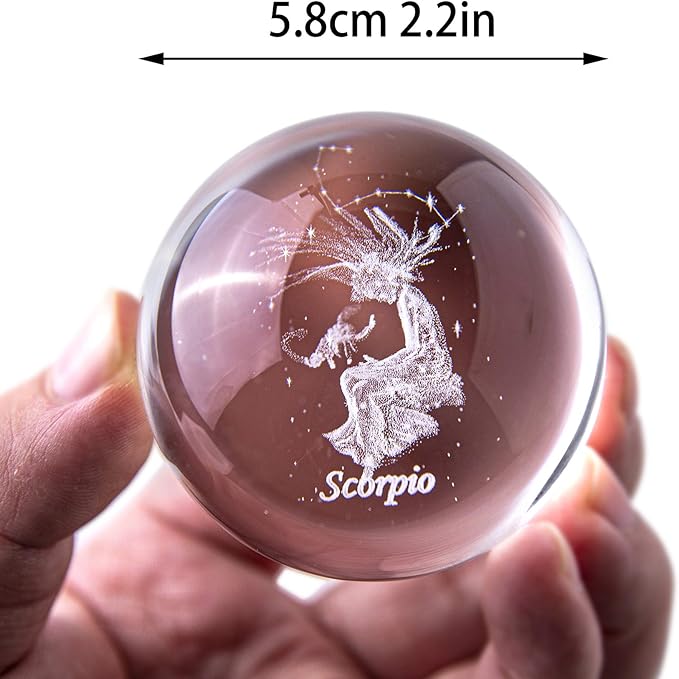 3D Laser Constellation Ball Crystal 60mm Paperweight Full Sphere Glass Fengshui with Sliver-Plated Flowering Stand(Scorpio)