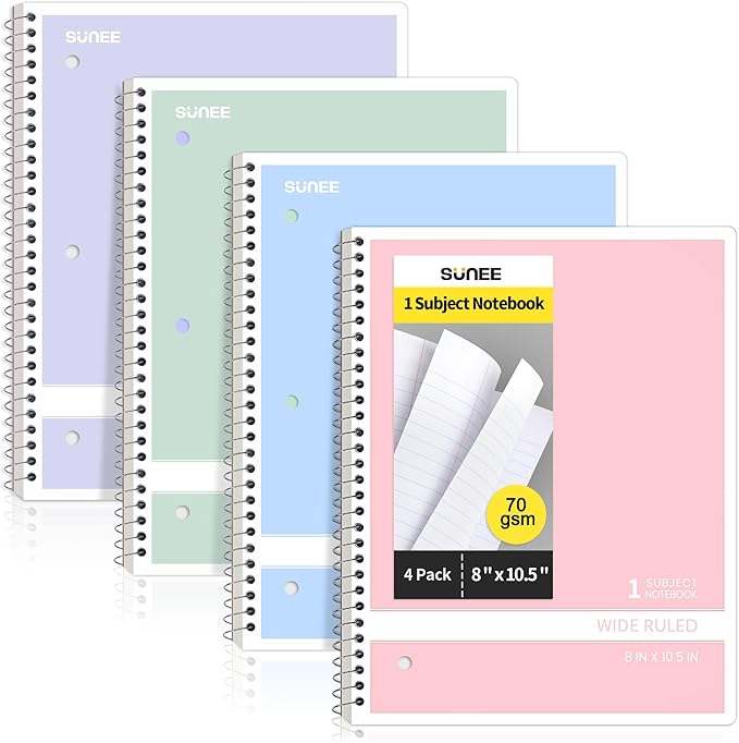 SUNEE Spiral Notebooks Wide Ruled, 1-Subject, 4 Pack, 8 x 10-1/2 in, 70 Sheets, 3-Hole Punched 70gsm Paper, Pastel Pink, Purple, Blue, Green for School, Home & Office, Writing Journal