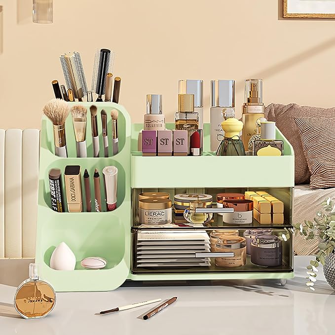 KQJS Makeup Organizer with Drawers,Large Capacity Countertop Organizer for Vanity,Bathroom and Bedroom Desk Cosmetics Organizer,Easy To Storage Skincare,Brushes,Lotions,Lipstick (Green)