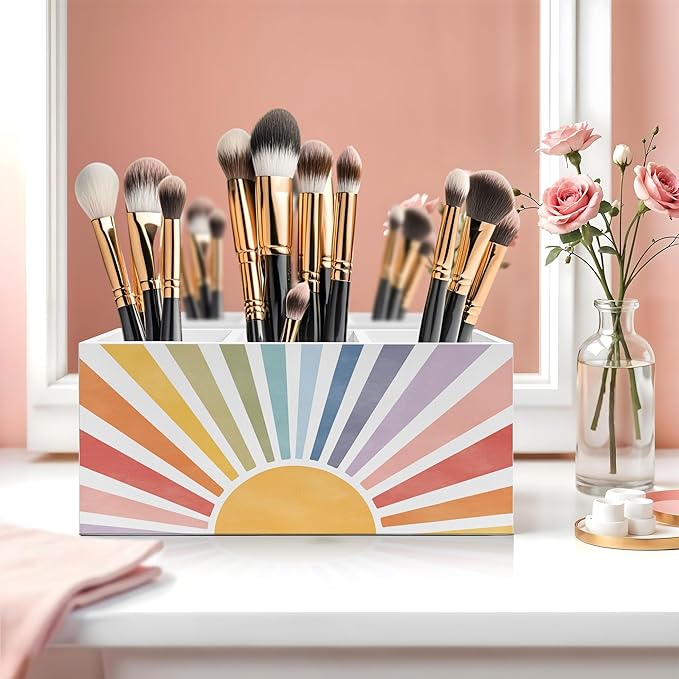 Exqcom Boho Colorful Sunshine Pen Pencil Holder, Boho Desk Office Decor, Retro Rainbow Sun Sunrise Sunset Pencil Pen Holder Organizer for Home Office Desk Accessories