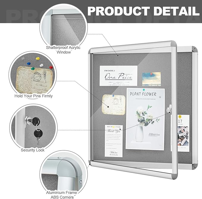 Geetery 26 x 28 Inch Enclosed Fabric Bulletin Board Tamperproof Lockable Noticeboard Fabric&Aluminium Frame Display Cases Wall-Mounted Display Case for School, Office - Secure, Durable Design(Gray)