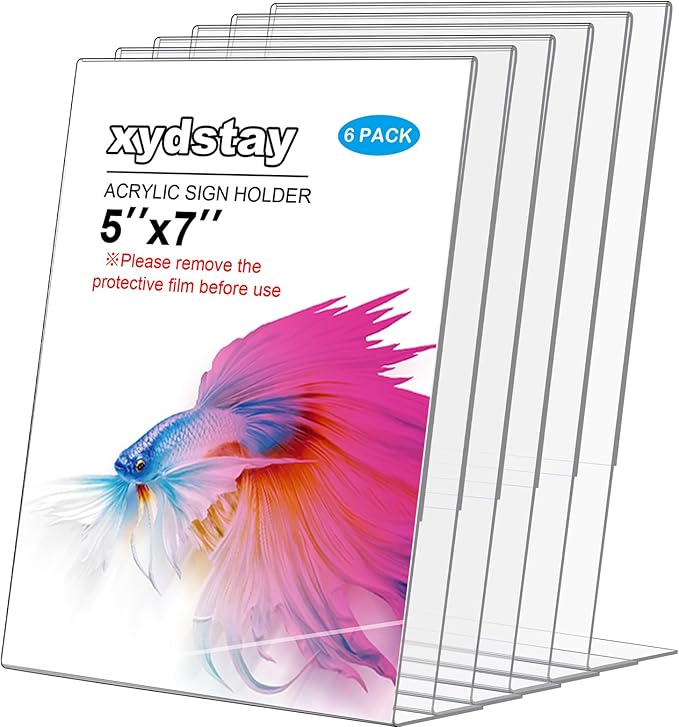 xydstay 6pack Acrylic Sign Holder 5x7 for Picture Frames, L Shape Clear Plastic, Plastic Sign Holder,Menu Holder, Unbreakable Table Sign Holder for Restaurant, Office, School, Store and Home Use