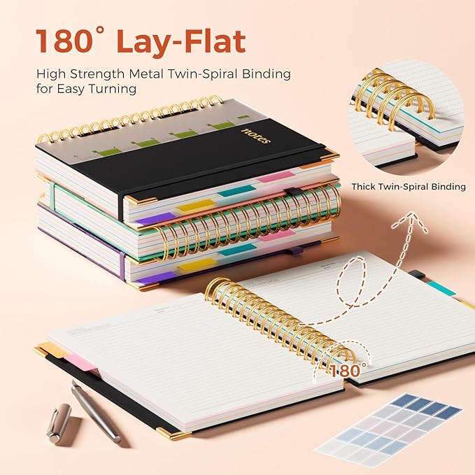 XYark Line Hardcover Spiral Notebook with Removable Dividers Tabs & Ruler, 5 Subject Notebook College Ruled, 300 Page, Large 8"x10" B5 Notebooks for Work School, Lined Journal for Women & Men, Black