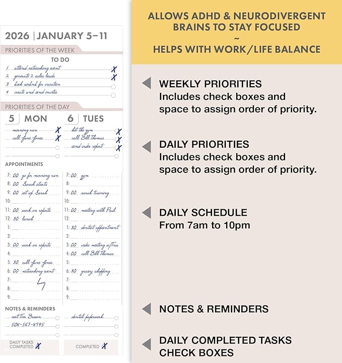 Essential PRO 2026 Daily, Weekly & Monthly Planner, 7"x9": 14 Months (Nov 2025 - Dec 2026) Monthly Tabs,Daily Tracking,Notes Pages,Storage Pocket,Bookmark w Sticky Notes (Small Navy Floral)