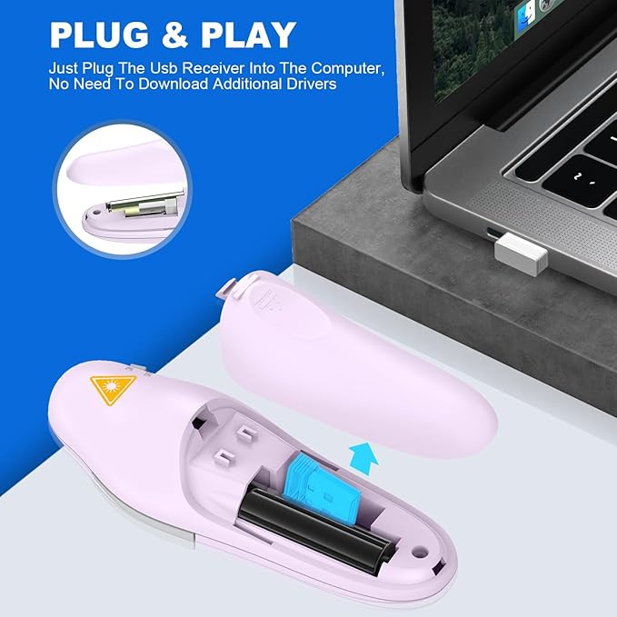 QUI Presentation Clicker Wireless Presenter Remote Clicker for PowerPoint Presentation Remote, PowerPoint Slide Advancer for Mac/Windows/Google Slide/Keynote, USB A, Purple