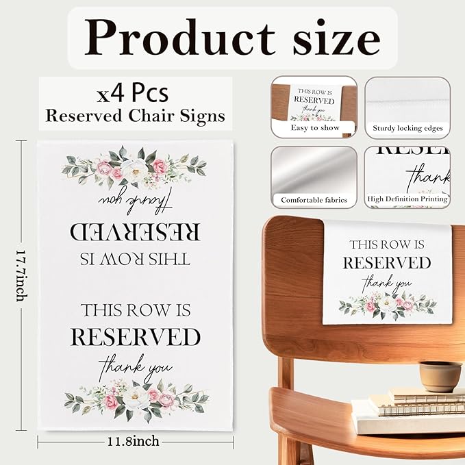 ChissNook Reserved Seating Chair Signs, This Row Is Reserved Pew Cloths Seating Placeholder for Church Pews, Wedding Decorations for Reception Parties Celebrations Event Meetings (Pink Floral, 4 PCS)