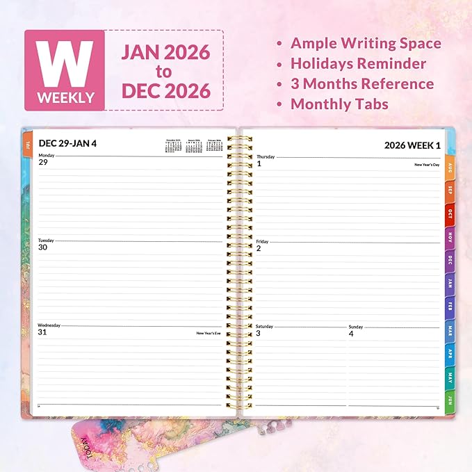 SUNEE 2026 Weekly and Monthly Planner - from January 2026 - December 2026, Daily Agenda Planner with Monthly Tab, Flexible Cover, Note Pages, Pockets, Bookmark, Spiral Binding, Pink Marble, 8.5"x11"