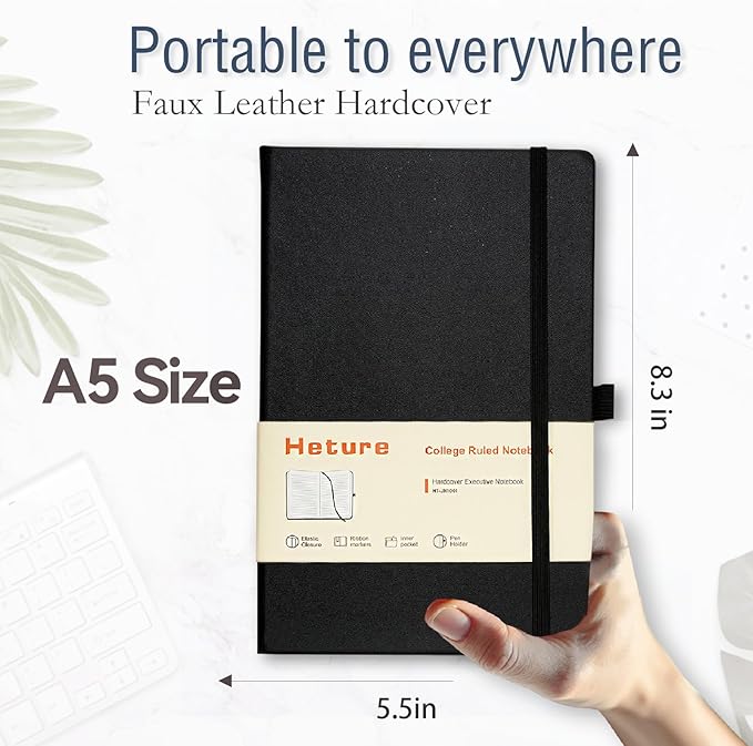 Heture Hardcover Notebooks, A5 Lined Journals Notebook for Writing 160 Pages, 8.2 x 5.5 inch, Classic Ruled Notebooks for College/Work/Travel(Black 3 Pack)