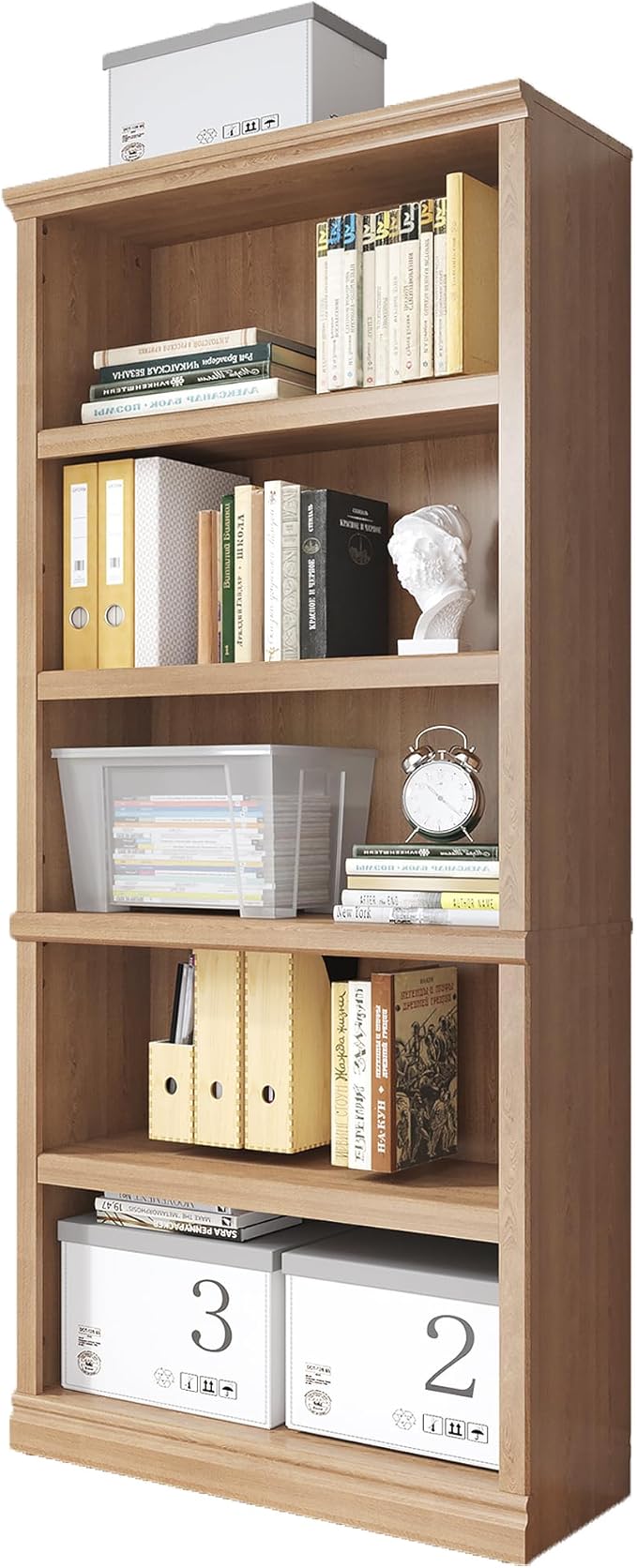 Bevfint 70 in Tall Bookcase, White Bookshelf Open Storage 5-Tier Shelves, 33 inch Wide Floor Standing Indoor Furniture, Book Cases for Home School Library Office Bedroom Kids, Oak 5 Tiers