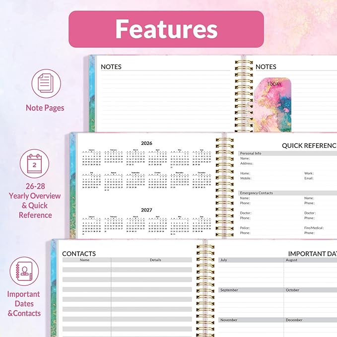 SUNEE 2026 Weekly and Monthly Planner - from January 2026 - December 2026, Daily Agenda Planner with Monthly Tab, Flexible Cover, Note Pages, Pockets, Bookmark, Spiral Binding, Marble, 6.4" x 8.3"