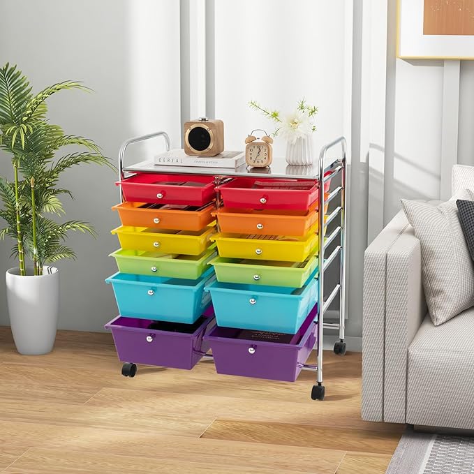 HAPPYGRILL 12-Drawer Rolling Storage Cart, Multipurpose Organizer Cart for Home Office School, Utility Cart with Wheels, (Colorful)