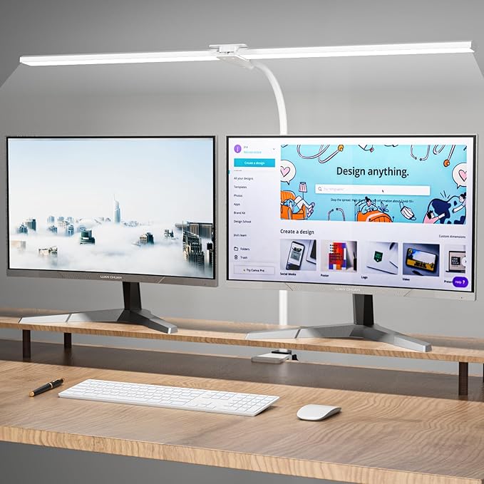 LED Desk Lamp, 31.5'' Wide Double Head Desk Lamps for Home Office, Dimmable 25 Lighting Modes 16W 1800lm Bright Task Lighting, Eye Caring Architect Table Lamp for Workbench Monitor Study, White