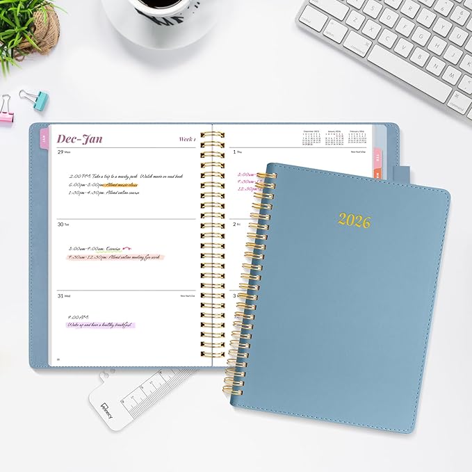 2026 Planner, Annecy Weekly ＆ Monthly Planner 2026, Jan. 2026 – Dec. 2026, 6.4" x 8.5" Monthly Agenda Planner with Tabs, Vegan Leather Cover, Spiral Binding, Double-sided Pocket, Bookmark, Grey Blue