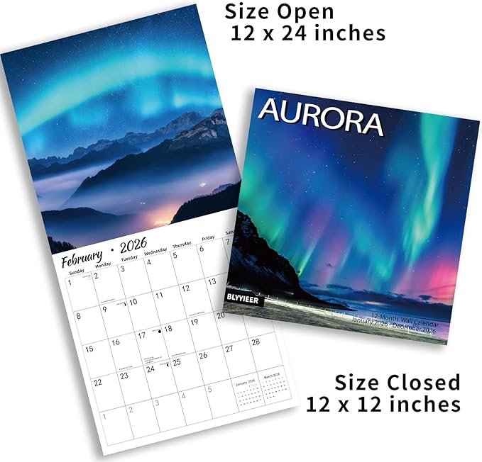 2026 Wall Calendar, Aurora Wall calendar 2026, 12" x 24" Opened, Thick Glossy Paper, Home and Office Organizer