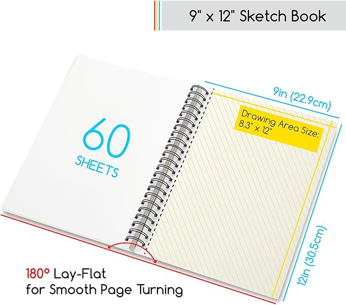 MEEDEN 9"x12" Sketchbook Paper Pad: 122lb/180gsm Spiral Bound Art Sketch Book with DIY Cover for Artists Adults - 60 Sheets Heavy Weight Hardcover Sketch Drawing Paper for Painting Sketching Writing