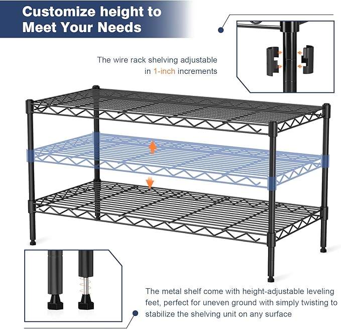 VANZBON 2-Tier Wire Shelving Unit,36" Wx18 Dx19.5 H,Wire Shelves Rack with Lockable Wheels,2 Shelf Height Adjustable Metal Storage for Living Room,Kitchen,Pantry,Closet,Office,Laundry
