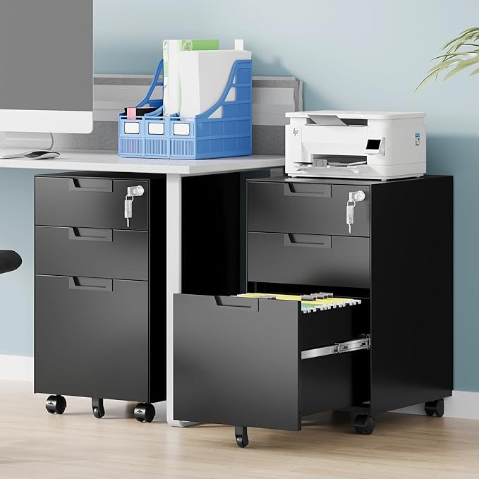 AFAIF 3 Drawer File Cabinet with Lock, Fully Assembled Metal Mobile Filing Cabinets for Home Office, Small Rolling File Caninet on Wheels for Legal/Letter / A4 File, Black