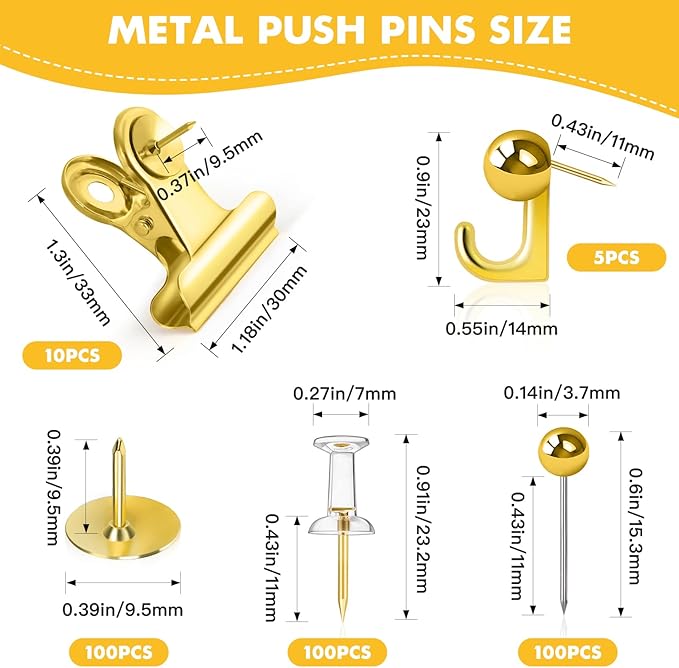 GOOLADA 315Pcs 5 Style Gold Push Pins, Decorative Push Pins, Cute Pushpin Clip, Push Pin Hooks, Gold Metal Thumb Tacks Office Accessories for Cork Board Map Office