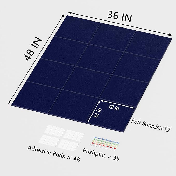 Neatsure Large Cork Board for Wall, 48" x 36" Bulletin Board with Pushpins, 12 Panels Felt Tiles Tack Push Pin Board for Office, Dark Blue