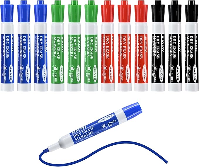 SUQJOY Dry Erase Markers, Chisel Tip Whiteboard Marker, Low Odor Thick Dry Markers, 12 Count 4 Assorted Color Markers for Kids/Teachers