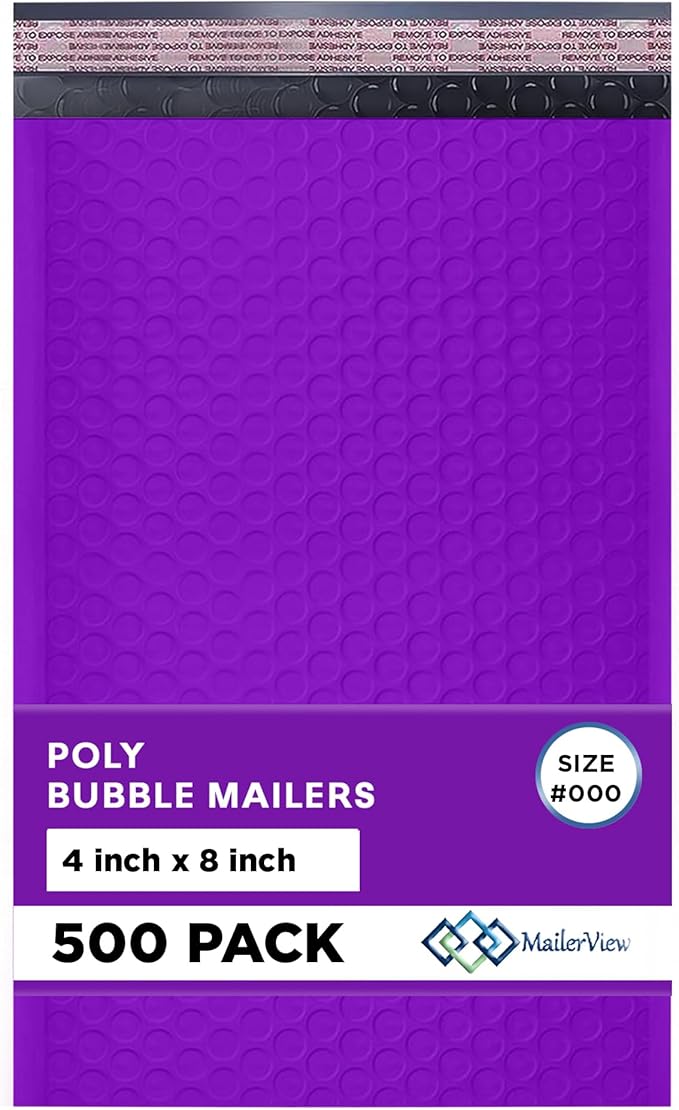 MAILERVIEW Purple Small Bubble Mailers 4x8 Inch #000 | Thick Padded Poly Bubble Mailer Envelopes | 500 Pack Bulk | Trading Card Sports Card Shipping