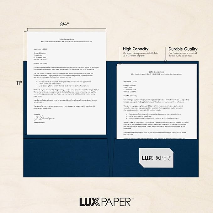 LUXPaper 9" x 12" Presentation Folders | Two Pocket | Nautical Blue Linen | 100lb. Cover | 10 Qty