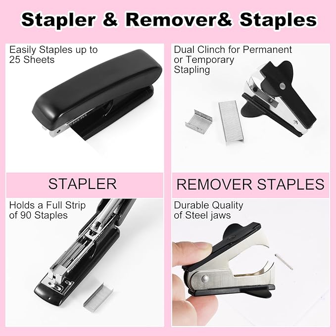 Gawsey Desk Organizers and Accessories Set with 360-Degree Rotating Pen Holder, Tape Dispenser, Stapler, Staple Remover, 1000 Staples, Tape, Clips Set, Ruler, Scissor, Pen