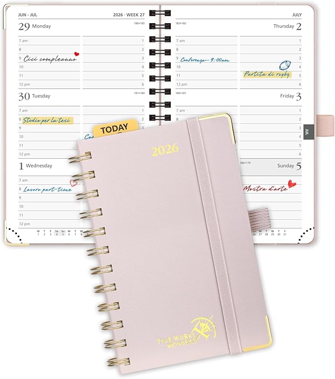 POPRUN 2026 Pocket Planner with Hourly Time Slots for Purse, (Small Size-4'' x 6.25'') - Daily Weekly and Monthly Calendar Agenda 2026 Appointment Book with Inner Pocket, 100 GSM - Light Pink