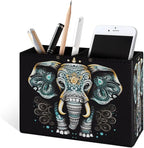 Famame Vintage Lotus Ethnic Elephant Pencil Holder for Desk, Leather Desktop Container Pen Cup Storage Study Table Pen Organizer Makeup Brush Holder for Classroom Office Home