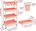 JIUYOTREE 4-Tier Plastic Rolling Storage Cart Utility Cart with Extra Hanging Cups Handles Lockable Wheels for Living Room Bathroom Kitchen Office Pink