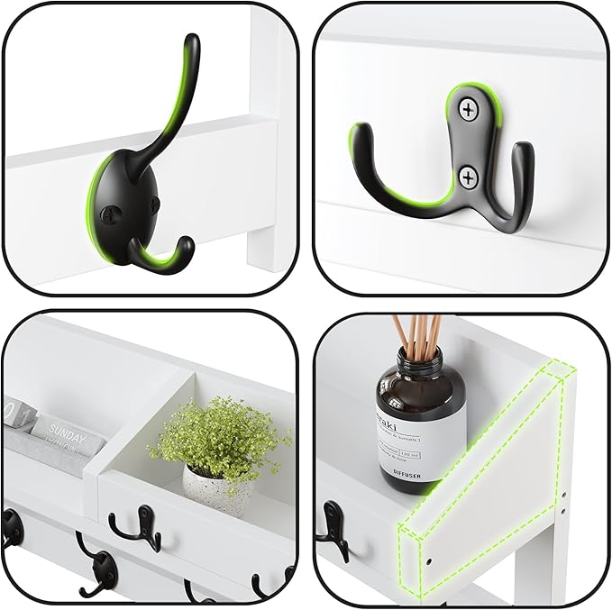 AMBIRD Wall Hooks with Shelf, 26.57 Inch Entryway Wood Coat Hooks for Wall, Coat Rack Wall Mount with 5 Dual Hooks 3 Key Hooks Mail Organizer and Key Rack Holder (White)