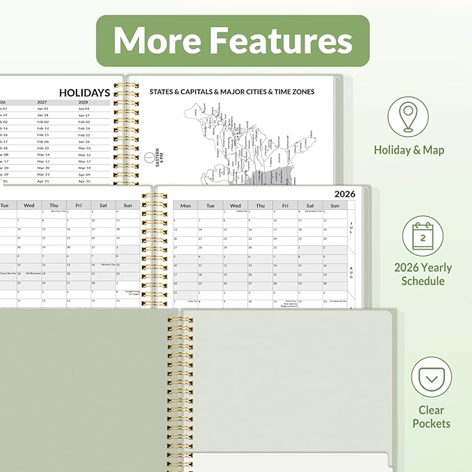 SUNEE 2026 Weekly and Monthly Planner - from January 2026 - December 2026, Daily Agenda Planner with Monthly Tab, Flexible Cover, Note Pages, Pockets, Bookmark, Spiral Binding, Sage Green, 8.5"x11"