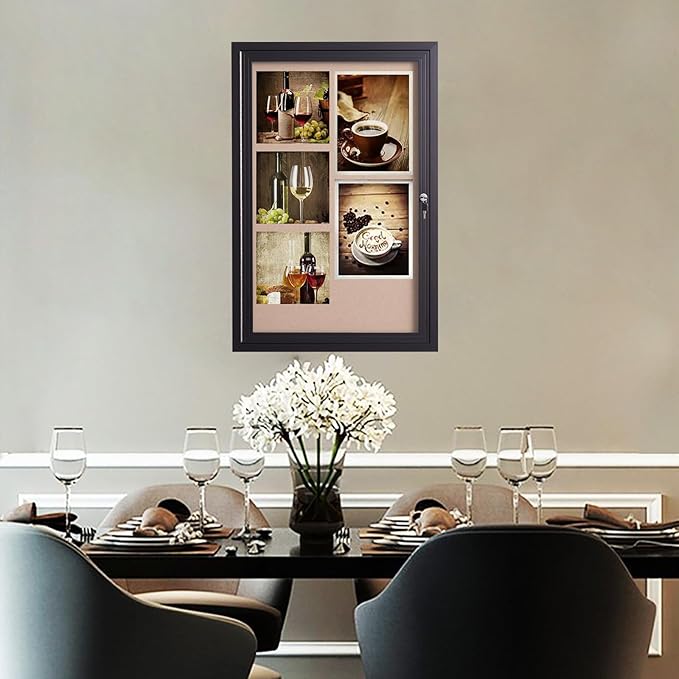 36x24 Inch Lockable Enclosed Bulletin Board, Weather-Resistant Outdoor Noticeboard with Locking Doors, Wall-Mounted Black Aluminum Frame & Cork Presentation Board