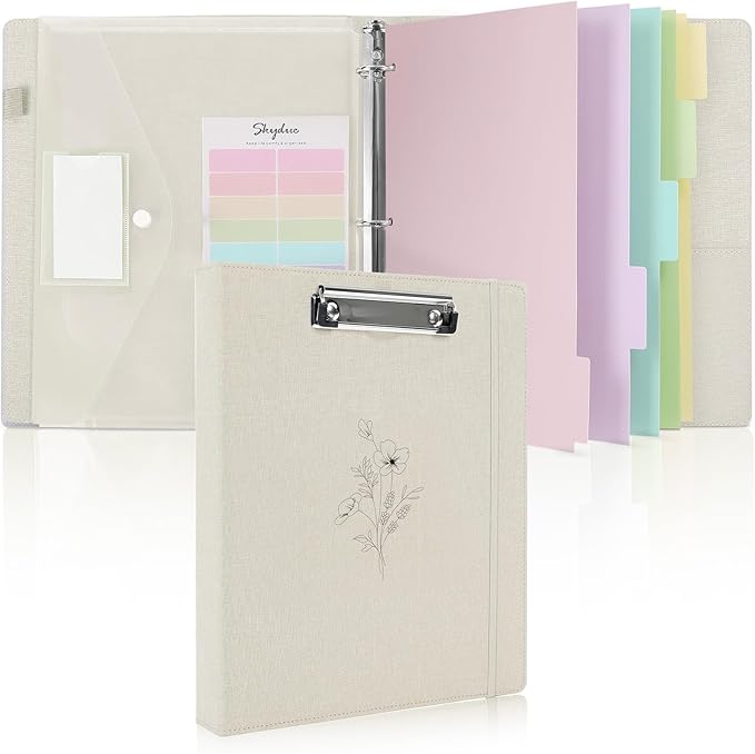 SKYDUE Clipboard Binder with Dividers,1 Inch 3 Ring Binder with Clipboard on Front for Organizer, Clipboard Folder with Pocket, Labels Office Supplies Beige