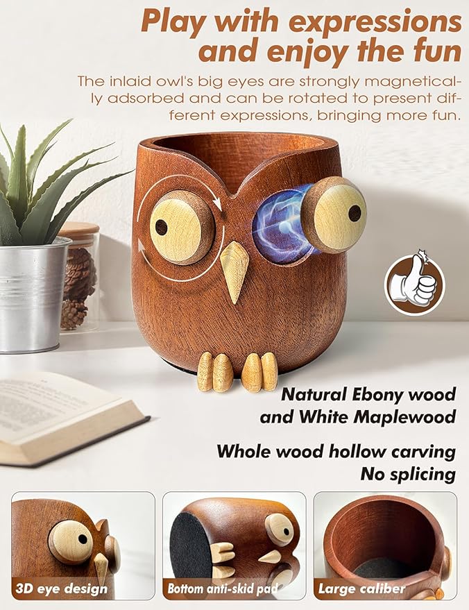 WODTILIFE Cute Owl Pen Holder for desk, funny wooden pencil holder with Magnetic Rotating Eyes, Ebony solid wood hollow design, for Office accessories School Home and Holiday Gifts.(Brown)