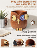 WODTILIFE Cute Owl Pen Holder for desk, funny wooden pencil holder with Magnetic Rotating Eyes, Ebony solid wood hollow design, for Office accessories School Home and Holiday Gifts.(Brown)