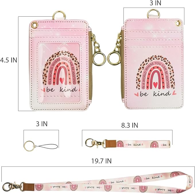lanyards for id Badges, Lanyard Wallet for Women,Fashion Badge Holder with Zipper（Be Kind